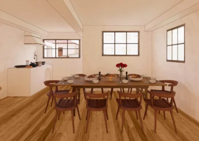 a detailed sketch of a room with a dining table and a kitchen in the back.