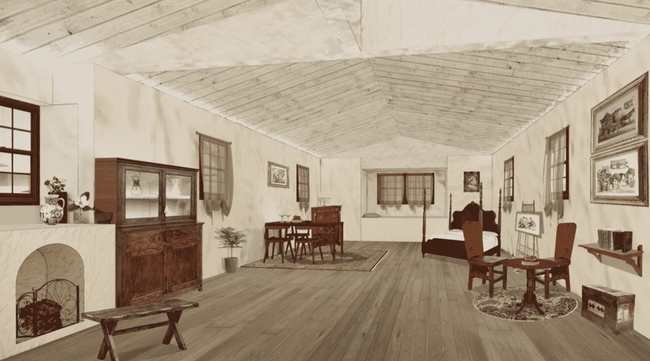 dining-room-3-future-project Sepia-toned Yiddish home interior with a dining table, canopy bed, fireplace, and traditional furnishings.
