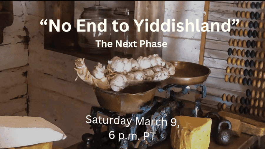 Events (23) text reads "no end to yiddishland" the next phase; saturday march 9, 6 p.m. PT; in the background an abacus, garlic on the scales and weights and cheese
