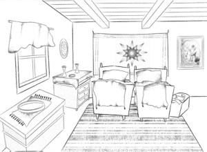 drawing of a room interior with furniture