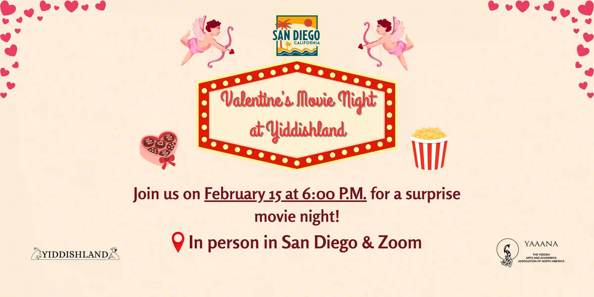 Promotional poster for Valentine’s Movie Night at Yiddishland in San Diego with event details